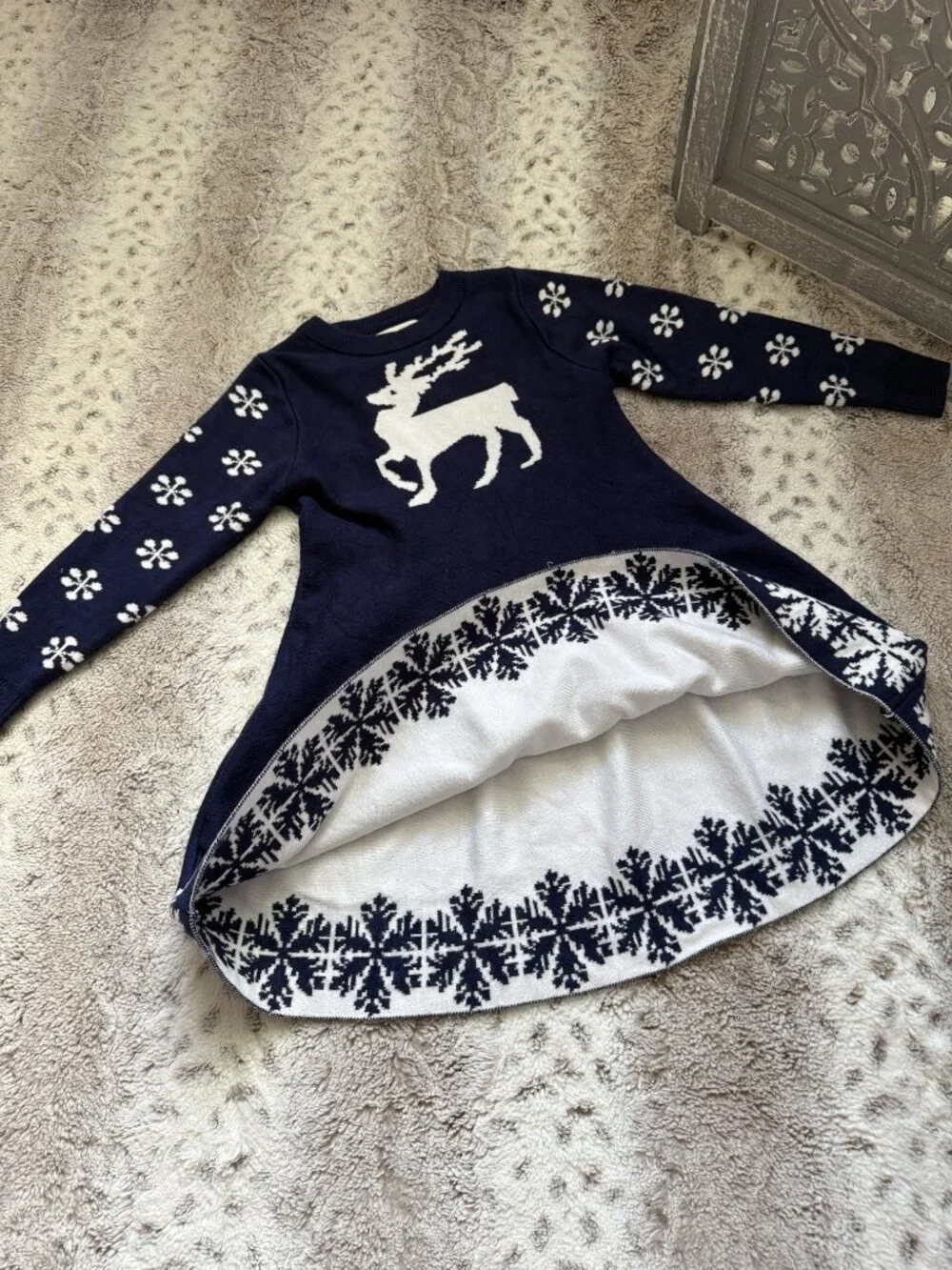 Navy long sleeve Christmas dress girls 5T holiday party reindeer snowflakes